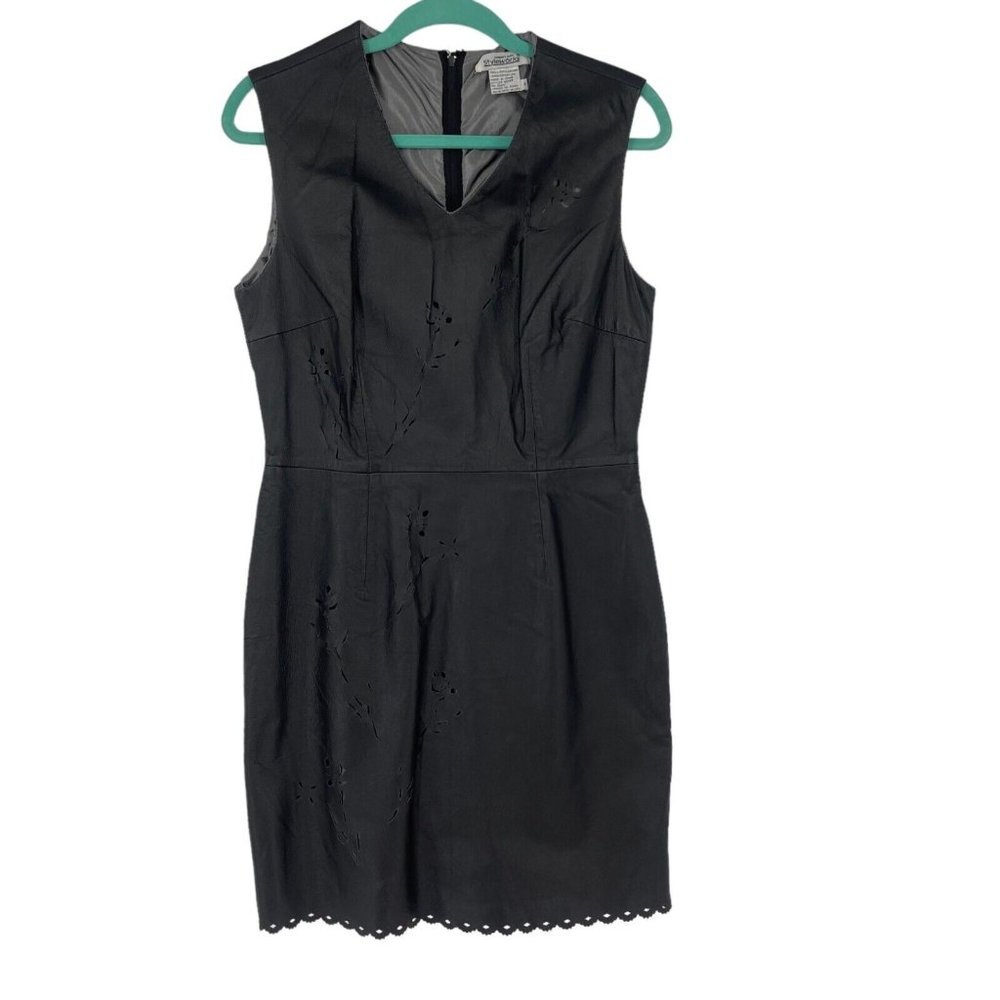 Newport News Styleworks Leather Sheath Dress sz 8 Vintage Short Black Laser Cut